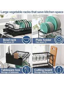 1 Set 2-Tier Stainless Steel Dish Drying Rack With Drainage Tray, Adjustable Dish Drainer For Kitchen Counter, Rotatable Drainage System - Multicolor - View 8