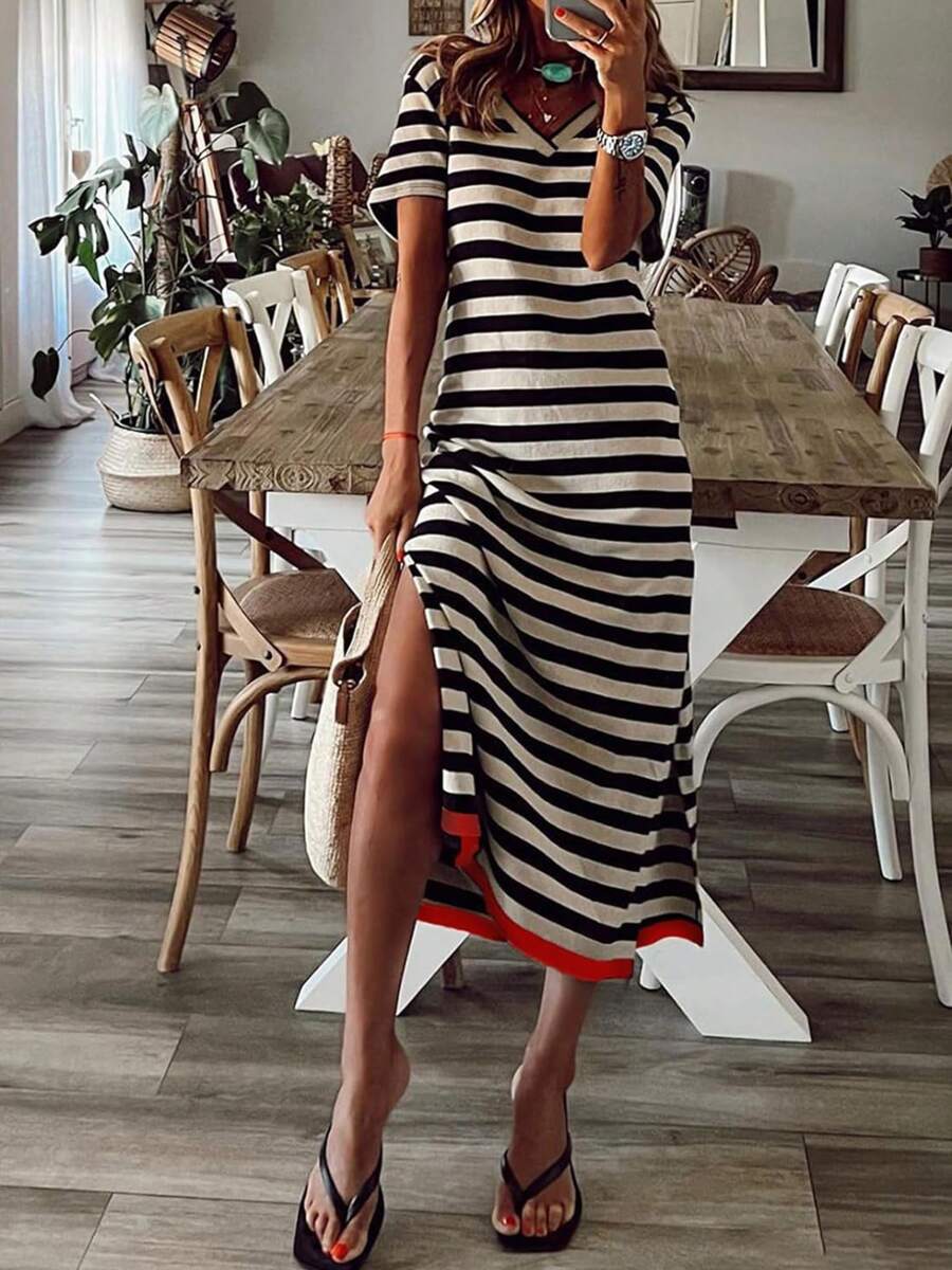 Women's T-Shirt Dress Loose Fitting V Neck Short Sleeve Side Split Striped Long Dress For Summer