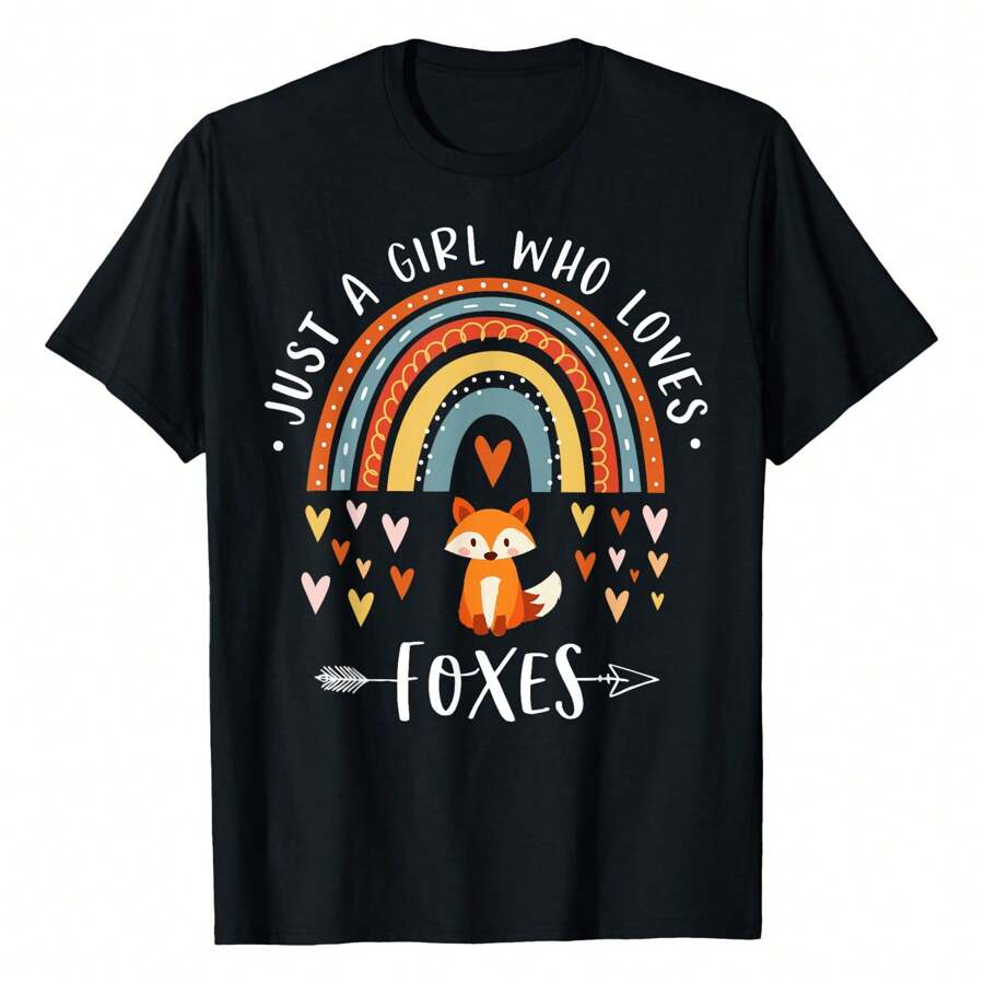 Just A Who Loves Foxes Rainbow Gifts For Fox Lover T-Shirt Fashionable Plus Size Women's T-Shirt, Super Soft And Breathable Cotton | Comfortable Fit, Versatile Everyday Style, Suitable For All Seasons. - 黑色 - 查看 1