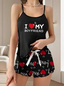 Pijamale pentru cupluri, set de pantaloni scurti și top cu bretele subțiri pentru femei de vară cu imprimeu cu litere "I Love My Boyfriend", îmbrăcăminte romantică pentru acasă