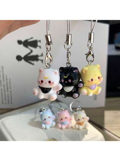 新品上市：卡通猫手机挂绳、可爱树脂钥匙扣、女孩/成人学生钥匙扣袋、创意可爱优质装饰品、派对/生日/情侣/好友小礼物