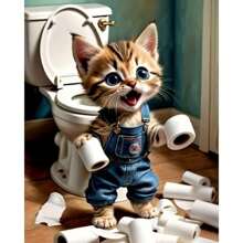 1 件无框圆形钻石画套装，主题为“猫上厕所” - 全钻钻石艺术，帆布 DIY 马赛克工艺套装包括笔、胶水、托盘、钻石珠。适合钻石画爱好者、家居墙面装饰礼物和缓解压力 - 彩色 - 查看 1