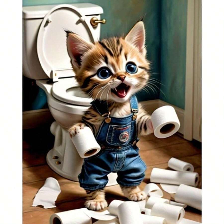 1 件无框圆形钻石画套装，主题为“猫上厕所” - 全钻钻石艺术，帆布 DIY 马赛克工艺套装包括笔、胶水、托盘、钻石珠。适合钻石画爱好者、家居墙面装饰礼物和缓解压力 - 彩色 - 查看 1