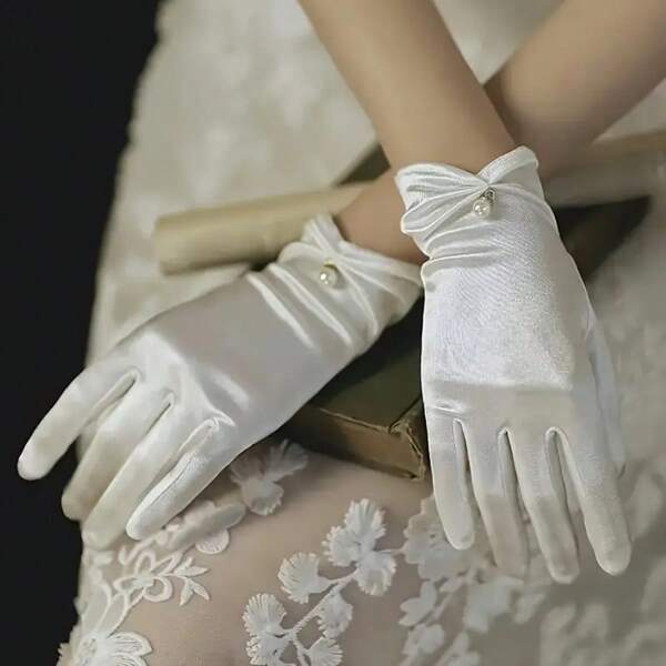 1 par de guantes minimalistas de verano, guantes de boda cortos de novia de malla y satén, guantes blancos elásticos con perlas, elegantes y gráciles, hechos de material de poliéster