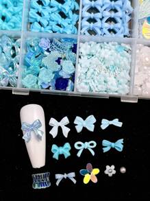 1盒随机混合蓝色ABS蝴蝶结、花朵、珍珠、闪亮贝壳片美甲装饰品，超仙女美甲饰品DIY美甲用品 - 彩色 - 查看 5