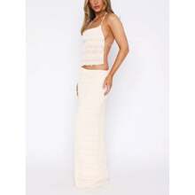 Women Summer Cotton Outfit 2 Piece Maxi Skirt Set Y2k Lace Up Hater Backless Tank Top Flowy Ruffle Long Skirt Outfits Going Out Beachwear - 白色 - 查看 4