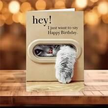 Adorable Cat Birthday Greeting Card - "Hey! Just Wanted To Wish You A Happy Birthday" Message, Includes Envelope, Cartoon Animal Themed, Tactile, Suitable For Any Recipient, Birthday Card