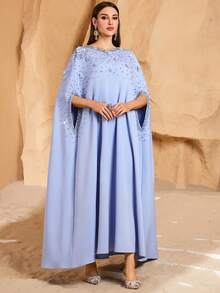 Women's Elegant Conservative Arabic Style Dress With Heavy Bubble Pearl Rivet Rhinestone Embellishment, Modest Abaya - Blue - View 5