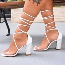 Women's White Sandals With 9cm Glitter Heel - 白色 - 查看 4