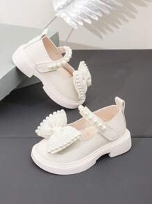 1 Pair Fashion Cute Bowknot & Faux Pearl Decor Hook-And-Loop Non-Slip Outdoor Daily Wear Shoes For Girls, Suitable For Spring & Autumn, School, Party - Beige - View 5