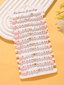 12 pièces/set Bracelet élastique en argile souple avec décoration multicouche de lettres et de cœurs, convient comme parure pour demoiselles d'honneur. Adapté pour les mariages, les fiançailles, les fêtes, les galas - plusieurs sets à porter