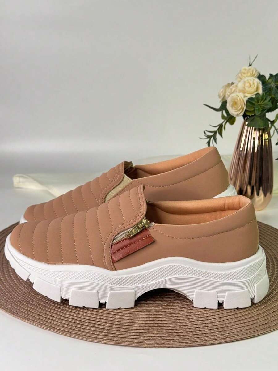 Women's Casual Slip On Sneakers With Zipper Tractor Comfortable Immediate Shipping - 乾枯玫瑰色 - 查看 1