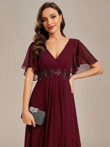 Elegant V-Neck Embroidered Ruffle Sleeve Pleated Chiffon Burgundy Bridesmaid Dress, Wedding Guest Dress, Semi-Formal Evening Gown, New Year Dress - Burgundy - View 6