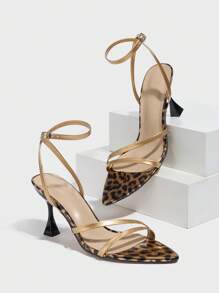 Women's Fashionable High Heels, Suitable For Parties, Outdoor Events, Elegant Banquets, Featuring Shiny Metallic Material, Pointed Toe, Leopard Print Ankle Strap, Stylish & Sexy, Gold Color Spring/Summer
