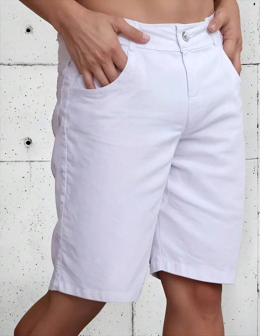 Bermuda Masculina Sarja Jeans com Elastano Slim Fit  Jeans Casual para o dia a dia com Bolso Cargo - Branco - Visão 1