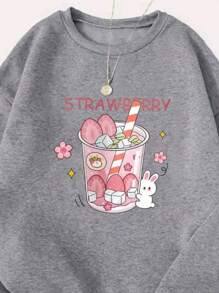 Moelton Crew Neck Strawberry Print 100% Cotton Cute - 灰色 - 查看 2