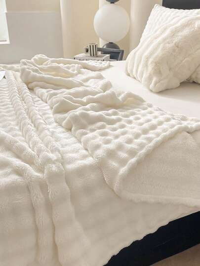 1pc Cream White Bubble Fleece Rolled Edge Soft & Cozy Blanket, Suitable For Bedroom, Guest Room, Gentle & Comfortable, Machine Washable, All Season
