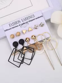 6 对随机复古时尚金属三角形水钻圆形耳钉，几何耳环礼品套装，适合女士 - 金黃色 - 查看 4