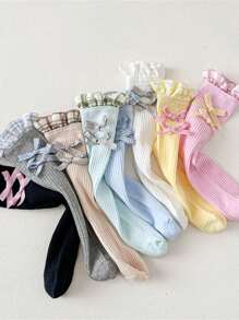 Girls' Bow Decor Mid-Calf Socks, Versatile Lightweight Kids Princess Socks For Spring & Fall