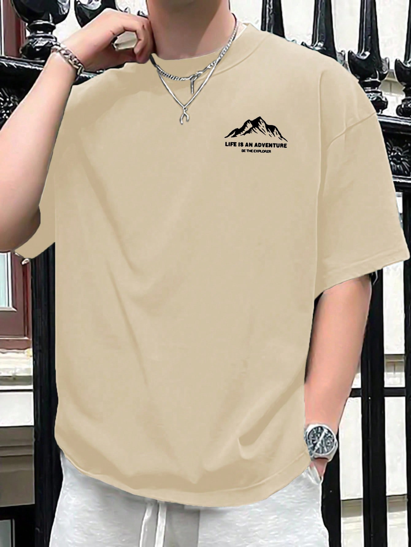 Men's Summer Slogan Mountain Print Round Neck Short Sleeve Casual T-Shirt