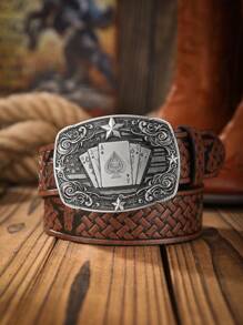 1pc Boho Western Cowboy Style Poker Embossed Metal Buckle Vintage Dark Brown PU Leather Belt Summer, School Casual, Business, Boyfriend Husband Father Dad Men Gift, Daily Wear, Fashion, Teen, Outdoor, Vacation, Athletic, Travel, Street, Boho, Vintage Fall, Autumn, Halloween Autumn-Winter Accessories,Suitable For Teens, Youth,Men,Casual, Outdoor, Athletic, Vacation, Graduation Gifts, Birthday, Daily Wear - As Shown - View 6