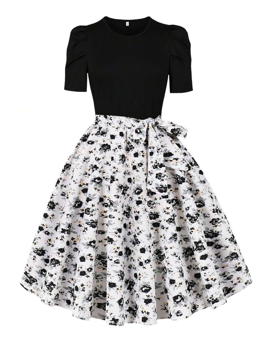 Summer Elegant Retro Floral Print Puff Sleeve Round Neck Knee Length Casual Party Dress