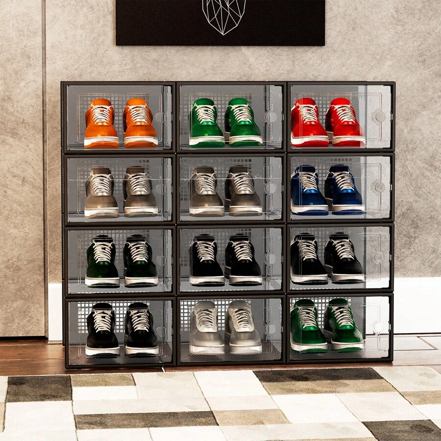 12Pcs Thick Transparent X Size Shoe Box With Lid, Foldable And Stackable Shoe Rack, Free Combination, Plastic Sports Shoe Container, Space-Saving Shoe Rack, Alternative To Drawer Storage Unit - X - Đen Lớn - 12 Chiếc - Xem 1