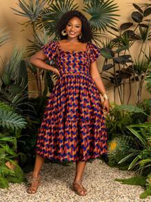 Faeriesty Plus Stunning Square Neckline Vacation Maxi Dress & Ruffled Sleeve Details – Vibrant Floral Print Summer Resort Wear For Beach Parties, Outdoor Weddings, And Tropical Getaways (Comfortable & Seasonless Design) Summer Dresses Spring Clothes