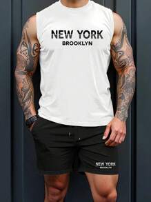 Plus Size Men's Casual Tank Top & Shorts Set, Summer Minimalist Letter Print Sleeveless Top And Sporty Shorts Outfit - Black and White - View 1