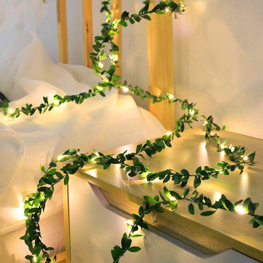 1 pieza 2m/3m/5m Luces de guirnalda de hojas de vid artificial con alimentación a batería, blanco cálido para decoración interior y exterior, dormitorio, guardería, boda, jardín, fiesta, cerca, Navidad, decoración del hogar