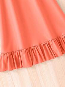 Girls Soft Knit Cartoon Girl Print A-Line Dress, Loose Casual Ruffle Hem Summer Dress - Coral Pink - View 5