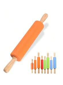 1pc Silicone Rolling Pin With Wooden Handle, Non-Stick Dough Roller