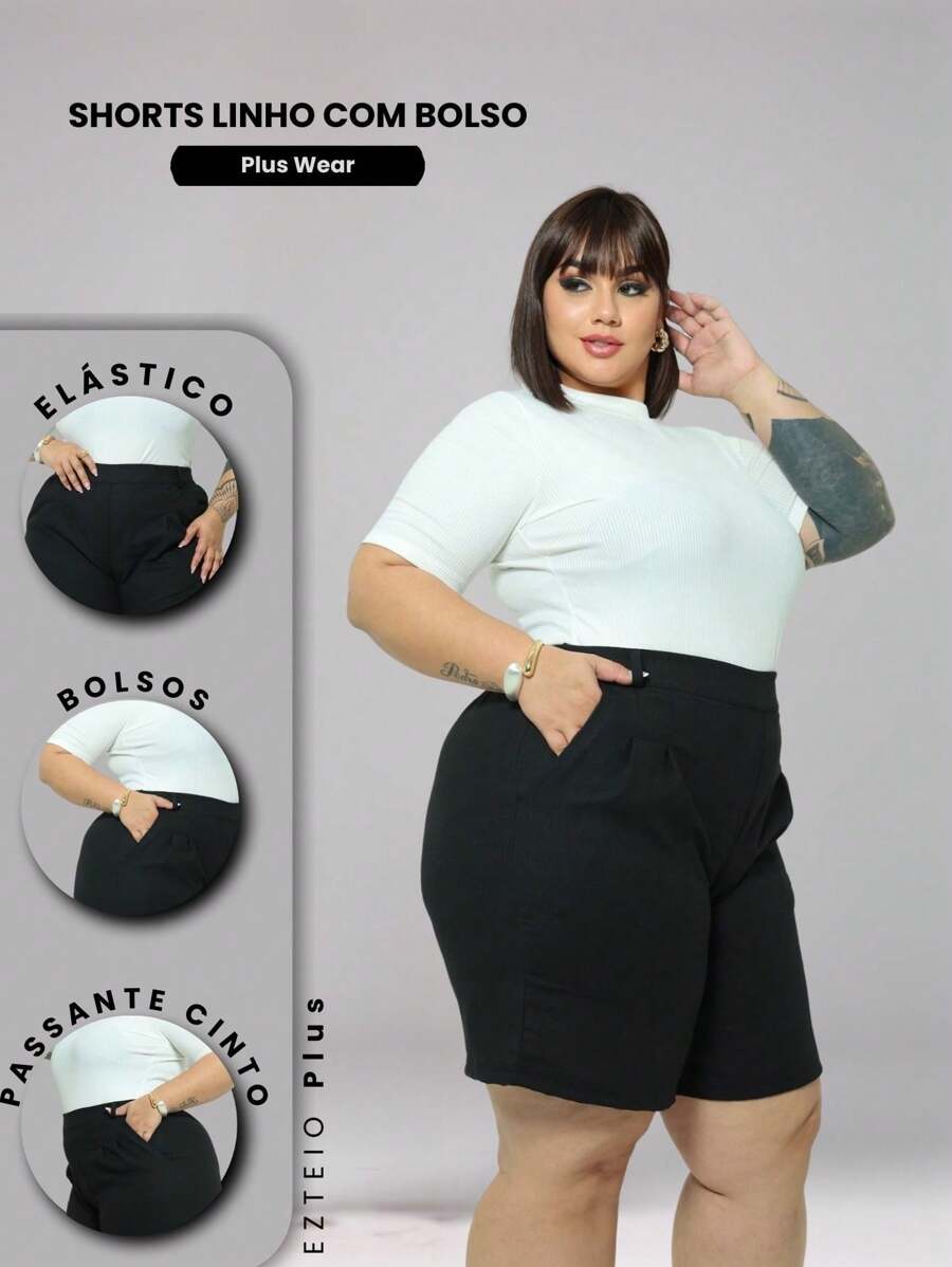 Women's Plus Size Linen Shorts With Elastic And Tailored Pockets - màu đen - Xem 1