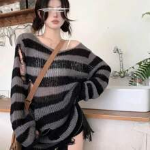 New Goth Punk Gothic Sweater Oversized Pullovers Women Striped Cool Hollow Out Hole Broken Jumper Harajuku Aesthetics Sweater - 藍色 - 查看 3