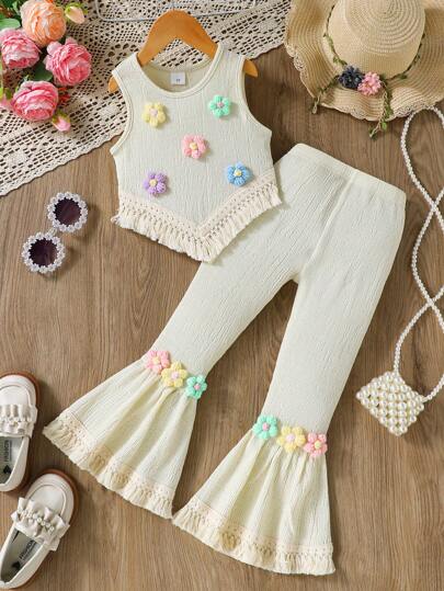 2pcs Young Girl Girls Pleated Chiffon Decorated With 3D Flower Trim Sleeveless Top And Flared Pants Set