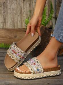 Retro Pattern Round Toe Thick Bottom Beach Sandals For Women - Gold - View 2