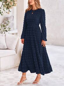 Women's Fall And Spring Elegant Long Sleeve Long Dress Swiss Polka Dot A Elegant Casual Holiday Wedding Party Going Out Dress - 藏藍 - 查看 5
