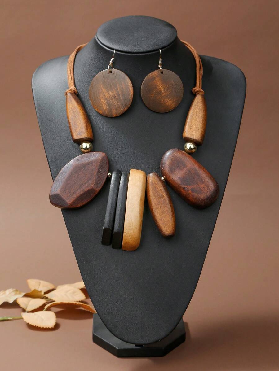 3pcs/Set Exaggerated Bohemian Style Wooden Oval Necklace & Round Earrings Jewelry Set For Women