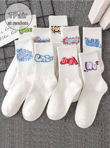 1 Pair/3 Pairs/5 Pairs/9 Pairs/15 Pairs Random White Graffiti Unisex Mid-Calf Socks, Couple Socks, Fall - Multicolor - View 9
