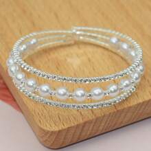 1pc 3-Row Crystal & Pearl Hinged Bangle Bracelet, Silver-Color, Bridal Wedding Party Gift Accessory - Silver - View 3