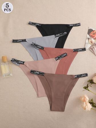 5 条装 女式无缝松紧腰带字母印花三角内裤，透气舒适