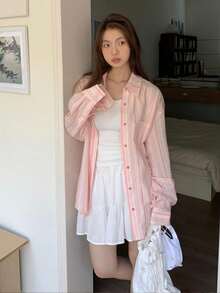 轻质防晒衬衫，宽松设计休闲长袖条纹，宽松版型 - 粉色 - 查看 7