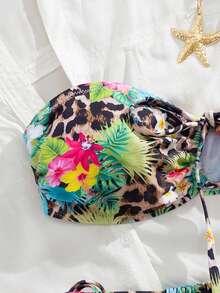 2025 New Sexy Tropical Print Halter Bikini With Drawstring - Multicolor - View 5