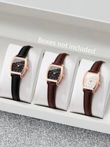 3 件/套女士优雅时尚皮革表带酒桶形小表盘石英腕表，休闲风格（不含表盒）