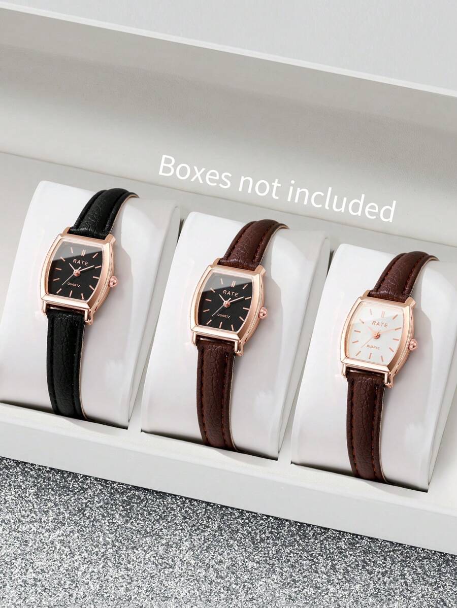 3 件/套女士优雅时尚皮革表带酒桶形小表盘石英腕表，休闲风格（不含表盒）
