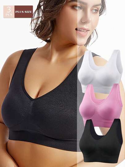 3pcs Women's Sports Bras Set, Plus Size Solid Non Padded Seamless Running Versatile Bralette