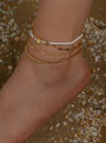 4pcs Holiday Style Heart Chain Pearl Anklet (Random Heart Chain Quantity, Based On Length) Valentine's Day Valentines,Mom,Mother,Mother's Day,Gift