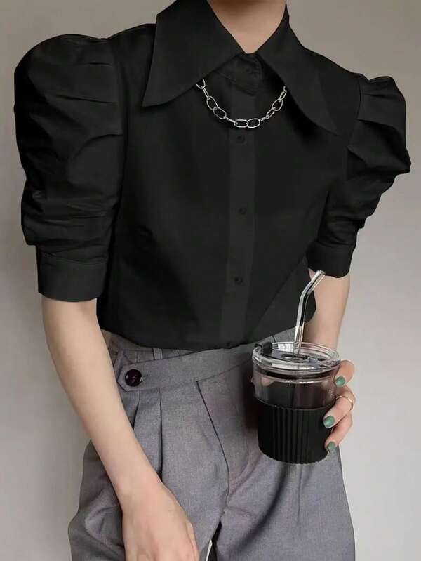 Blouse à manches bouffantes de couleur unie vibrante - design élégant à boutons devant, tissu respirant, coupe décontractée, essentiel pour le printemps et l'été, vêtement pour femme pour un usage quotidien