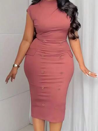 大码女式纯色立领短袖纽扣修身优雅连衣裙，圣诞节