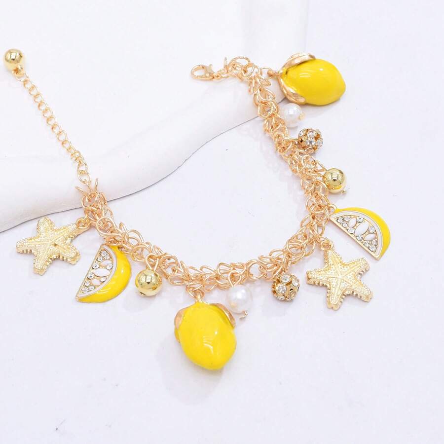 1 pièce Accessoire de chaîne de cheville avec étoile de mer et citron, style bohème pour femme, parfait pour les vacances d'été à la plage